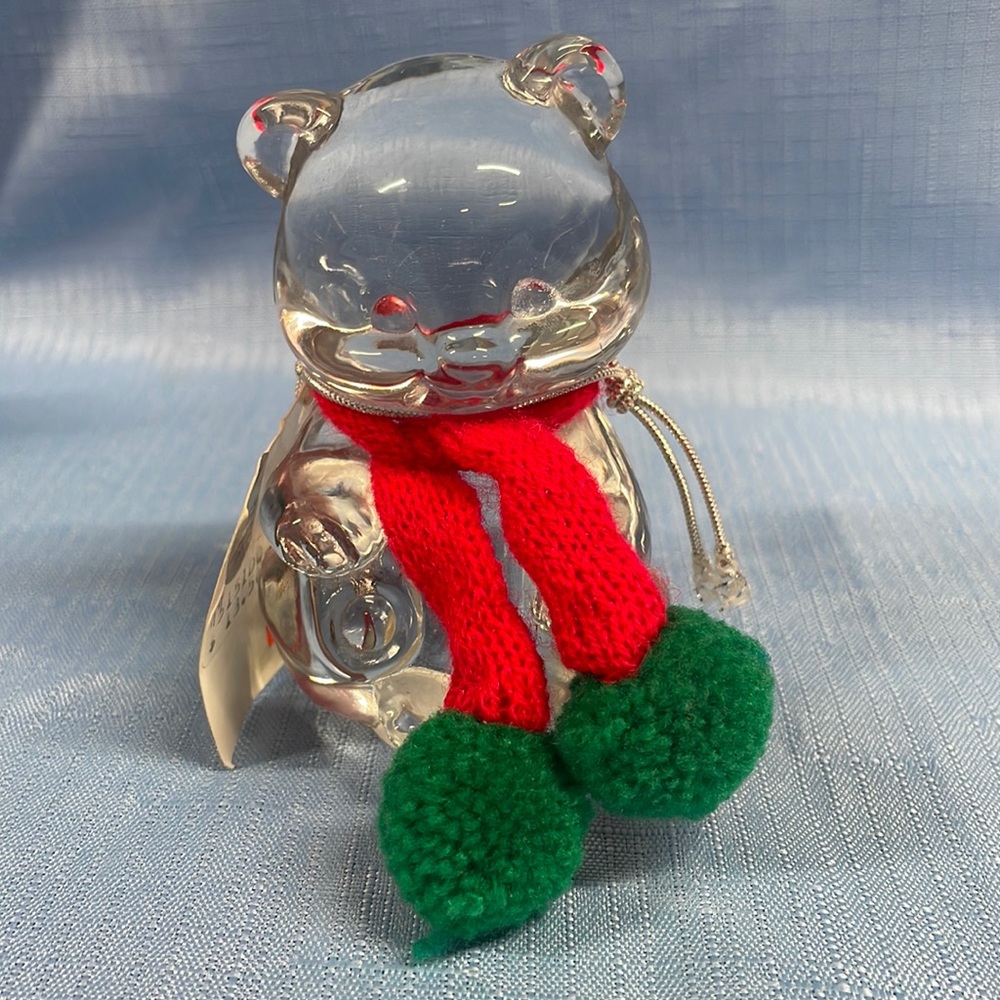 Fenton Clear Glass Bear with Red and Green Scarf